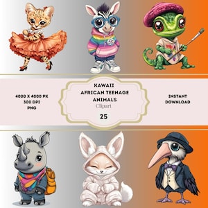 Kawaii Afrikanische Teenager Tiere Clipart, Safari Tiere PNG, Wunderliche Tiere Clipart, Skurrile Tiere, Afrikanische Tiere Clipart, Sublimation
