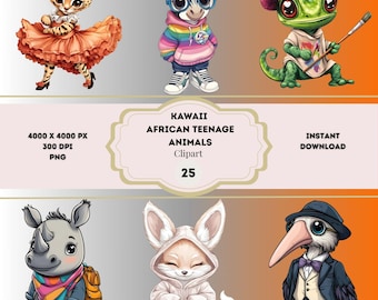 Kawaii African Teenage Animals Clipart, Safari Animals PNG, Whimsical Animals Clipart, Quirky Animals, African Animals Clipart, Sublimation