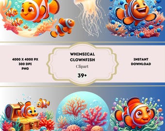 Clipart di pesce pagliaccio stravagante, sfondo sottomarino, clipart di vita marina carina, pacchetto di pesce pagliaccio, clipart di pesce pagliaccio in formato PNG, uso commerciale gratuito