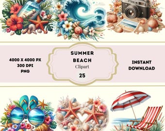 Clipart di spiaggia estiva, clipart di oceano nautico, pacchetto PNG di giornata in spiaggia, pacchetto clipart di spiaggia, sublimazione estiva, licenza commerciale gratuita