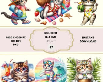 Summer Kitten Clipart, Beach Vacation Graphics, Quirky Kitten Clipart, Cat Vacation PNG, Tropical Cat Shirt, Cat Watercolor Bundle