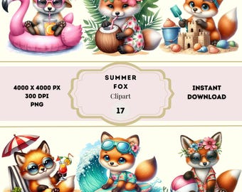 Summer Fox Clipart, Beach Vacation Graphics, Woodland Animal Graphics, Funny Quirky Fox PNG, Woodland Fox PNG, Baby Fox Bundle, Free License