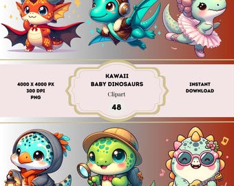 Paquete de imágenes prediseñadas de dinosaurios bebés kawaii, imágenes prediseñadas de dinosaurios bebés adorables, imágenes prediseñadas prehistóricas, decoraciones de dinosaurios para guarderías, dinosaurios extravagantes