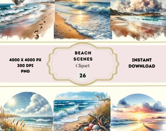 Watercolor Beach Scene Clipart, Retro Summer Beach PNG Bundle, Sea View Clipart PNG, Coastal Clipart, Shore Clipart, Seaside Clipart Bundle