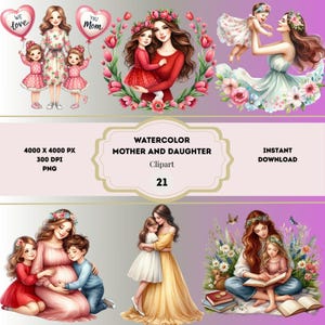 Mother and Daughter Clipart, Mother's Day Card, Printable Watercolor Clipart, Mom and Child Clipart, Mothers Day Sublimation, Watercolor PNG