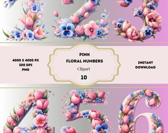 Clipart di numeri floreali rosa, numeri da tavolo con fiori da giardino, numeri da matrimonio acquerellati, numeri floreali primaverili, clipart di tappe fondamentali della vita del bambino