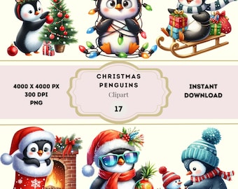 Christmas Penguin Clipart, Xmas Animals PNG, Quirky Holiday Penguins Bundle, Winter Penguin Clipart, Watercolor Whimsical Penguins PNG