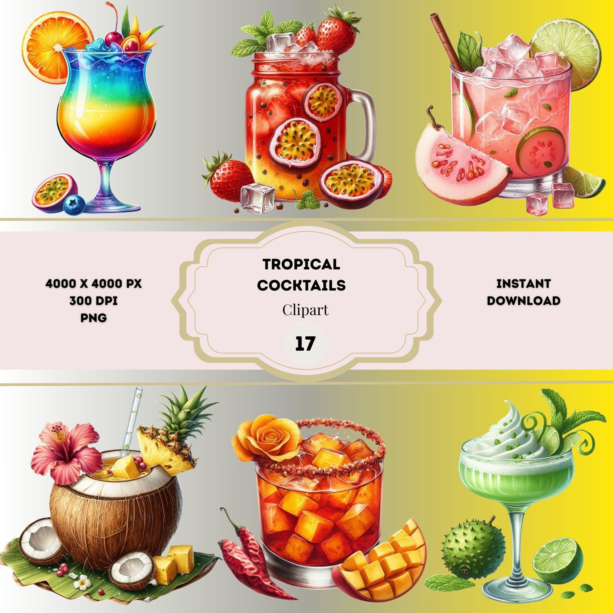 Tropical Cocktails Clipart Bundle, Summer Drinks Graphics, Summer ...