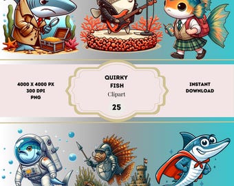 Pacchetto di clipart PNG di pesci stravaganti, pesci divertenti, pesci pirata, clipart di vita marina, pesce palla rockstar, clipart di vita marina carina, clipart di cavalluccio marino