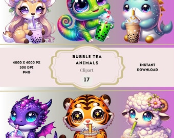 Puede incluir: Un conjunto de 10 imágenes de clipart digital que presentan animales de dibujos animados lindos sosteniendo té de burbujas. Los animales incluyen un ciervo, un camaleón, una narval, un dragón, un tigre y una oveja. El texto "Bubble Tea Animals" y "Clipart 17" se muestra en un fondo rosa.
