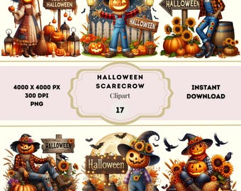 Clipart di spaventapasseri di Halloween, disegni retrò di Halloween a sublimazione, clipart di spaventapasseri carini, pacchetto PNG di Halloween spooky, pacchetto PNG di Halloween