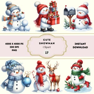 Cute Snowman Clipart, Watercolor Snowman Cuteness PNG, Festive Christmas Snowman Clipart Bundle, Christmas Holiday Digital Download Clipart
