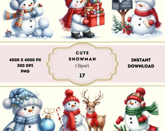 Cute Snowman Clipart, Watercolor Snowman Cuteness PNG, Festive Christmas Snowman Clipart Bundle, Christmas Holiday Digital Download Clipart