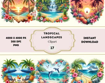 Tropical Landscapes Clipart, Watercolor Tropical Beach Clipart, Heart Shaped Tropical, Retro Summer Beach PNG Bundle, Tropical Scene Bundle