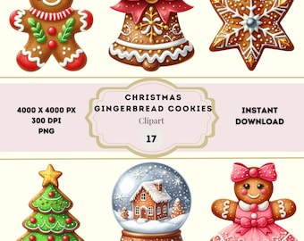 Christmas Gingerbread Cookies Clipart, Gingerbread Snowflake, Gingerbread Cookie Bundle, Festive Cookie Graphics, Holiday Cookie PNG Bundle