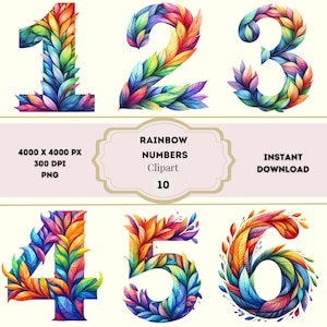 Regenboognummers clipart, verjaardag regenboognummers, baby mijlpaal clipart, pastelnummers png, regenboogbladeren, regenboog aquarelnummers