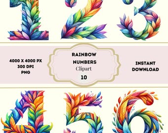 Clipart di numeri arcobaleno, numeri arcobaleno di compleanno, clipart di traguardi del bambino, numeri pastello in formato PNG, foglie arcobaleno, numeri arcobaleno acquerellati