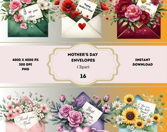 Clipart di buste per la festa della mamma, PNG di buste floreali acquerellate, Clipart shabby chic, biglietto per la festa della mamma, buste eleganti, download digitale