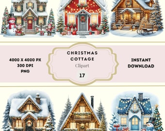 Christmas Cottage Clipart, Christmas Scenes Clipart, Christmas House PNG, Winter Cottage Clipart, Xmas House Clipart, Snowy Christmas Cabin