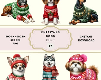Christmas Dog Sweaters Clipart, Christmas Puppy PNG Bundle, Cute Dogs Festival, Christmas Dog clip art, Ugly Christmas Sweater Dogs