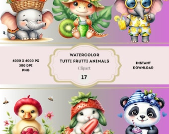 Clipart di animali Tutti Frutti ad acquerello, Clipart di frutta estiva divertente, Scherzi estivi, Pacchetto di cuccioli ad acquerello, Licenza gratuita