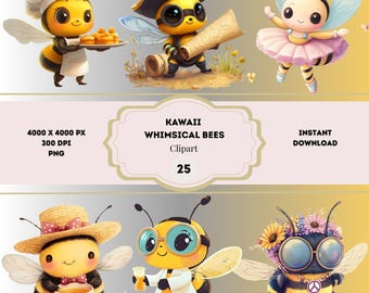 Kawaii Bees Clipart Bundle, Honey Bees PNG, Cute Bees Clipart, Beehive Clipart, Whimsical Animal Art, Free Commercial Use, Sublimation