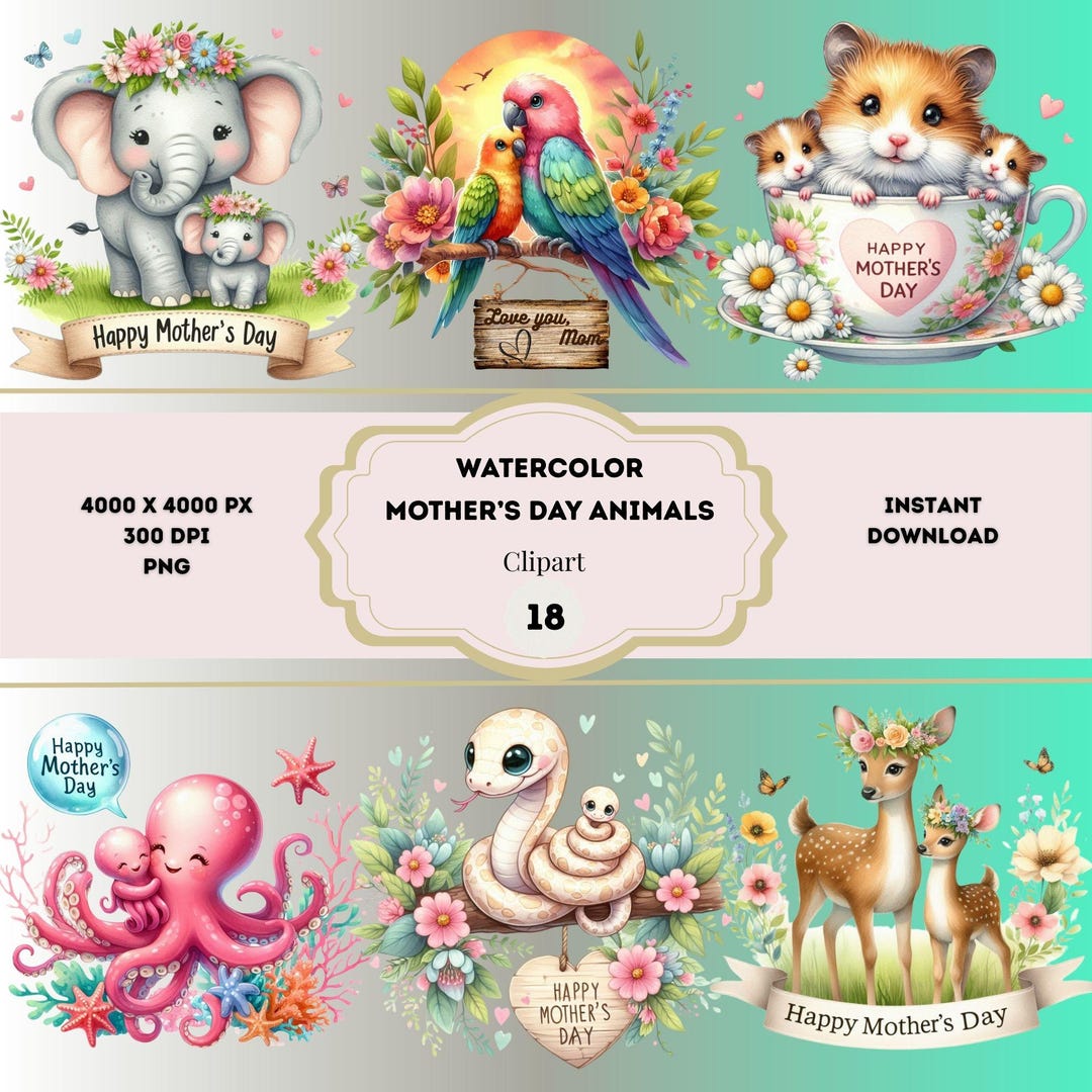Watercolor Mother's Day Animals Clipart Bundle, Happy Mother's Day PNG ...