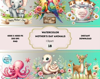 Pacchetto di clipart di animali ad acquerello per la festa della mamma, PNG di auguri per la festa della mamma, clipart di cuccioli carini, animali con mamma e cucciolo, animali carini