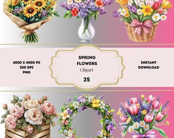 Clipart di fiori primaverili PNG, Clipart di fasci primaverili, Clipart di bouquet di fiori, Clipart di ciao primavera, Clipart di cesto primaverile, Grafica primaverile