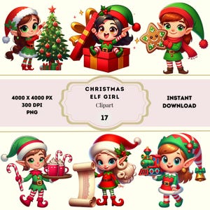 Peut inclure: Illustration numérique de plusieurs filles elfes de Noël dans des tenues festives. Les elfes sont représentées avec des vêtements verts et rouges, des chapeaux d'elfe et tenant divers objets sur le thème de Noël, dont un sapin, des cadeaux et une étoile en pain d'épices. Le texte sur l'image indique "CHRISTMAS ELF GIRL Clipart 17".