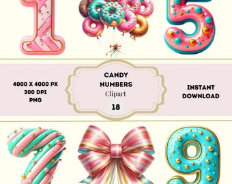 May include: A collection of candy-themed clipart featuring the numbers 1, 5, 7, and 9, along with a decorative bow and a cluster of donuts. The numbers are in pink, blue, and gold, with the text "CANDY NUMBERS Clipart 18" and "INSTANT DOWNLOAD".