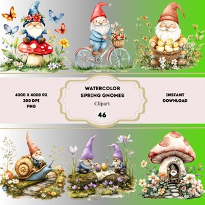 Spring Gnome Clipart Bundle, Garden Gnome Graphics, Gnome Digital Art, Watercolor Gnomes, Cute Gnome PNG, Whimsical Spring Gnomes