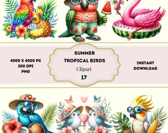 Summer Tropical Birds Clipart, Tropical Summer PNG Bundle, Tropical Flowers and Tropical Birds, Summer Vacation Graphics, Summer Shenanigans