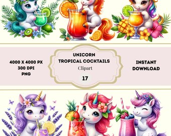Unicorn Tropical Cocktails Clipart, Summer Drinks Graphics, Summer Unicorn Clipart, Cocktails PNG Graphics, Colorful Cocktails PNG Bundle