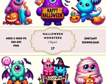 Halloween Monsters Clipart, Halloween Cuteness Clipart Bundle, Cute Monster PNG, Kids Halloween Clipart, Fluffy Monster, spo oki