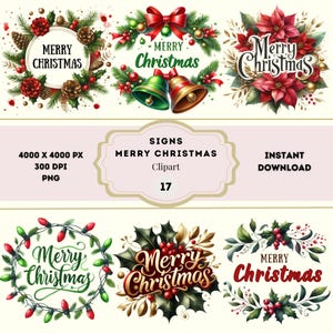 Merry Christmas Clipart Bundle,  Merry Christmas Coquette PNG, Christmas Lettering, Christmas Signs PNG, Cute Xmas Holiday Clipart