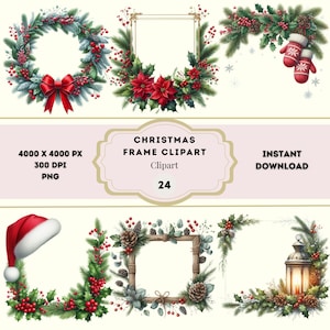 Op de afbeelding: Een verzameling kerst-thema clipart met kransen, frames en decoratieve elementen. De ontwerpen bevatten rode strikken, poinsettia's, dennenappels en hulst. De afbeelding bevat ook de tekst "CHRISTMAS FRAME CLIPART" en "INSTANT DOWNLOAD".