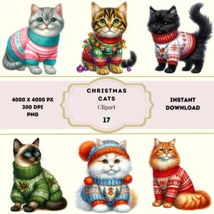 Christmas Cats Clipart, Cat Lovers Christmas Sweater, Cute Kittens Bundle, Whimsical Christmas Cats Clipart, Christmas Vacation Cat PNG