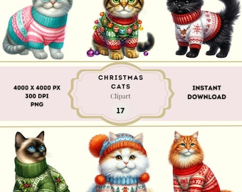 Christmas Cats Clipart, Cat Lovers Christmas Sweater, Cute Kittens Bundle, Whimsical Christmas Cats Clipart, Christmas Vacation Cat PNG