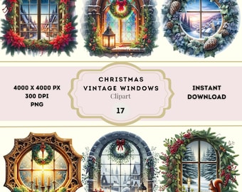 Vintage kerst Windows clipart, vakantie decor, afdrukbare aquarel clipart, hoge kwaliteit jpg's, Paper Craft, Junk Journal, gratis licentie