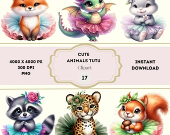 Cute Animals Tutu Clipart, Watercolor Ballerina Animals PNG, Tutu Graphics, Teddy Bear Ballerina, Ballerina Kitten, Ballerina Deer