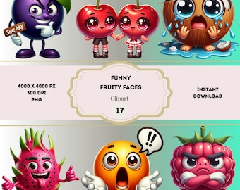 Funny Fruity Faces Clipart, Summer Funny Fruit Clipart, Summer Clipart Bundle, Whimsical Fruits PNG, Cute Fruits Bundle, Summer Graphics