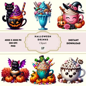 May include: Six colourful illustrations of Halloween-themed drinks. Designs include a black cat in a pumpkin cup, a blue sundae with candy eyes, and a smiling pink mug with a witch's hat. The text "Halloween Drinks Clipart" is also present.