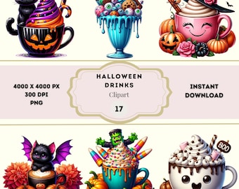 Halloween Drinks Clipart, Halloween Cocktail Clipart, Halloween Coffee Clipart, Halloween Clipart Bundle, Trick-or-Treat Clipart, spo oki