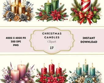 Clipart di candele natalizie, clipart di stelle di Natale, clipart di biglietti di Natale, clipart di candele acquerellate, grafica festiva per le vacanze, uso commerciale