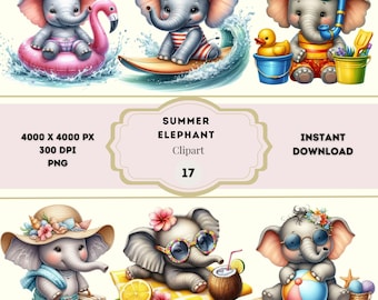 Summer Elephant Clipart, Beach Vacation Graphics, Quirky Elephant Clipart, Summer Beach Elephant, Watercolor Elephants Clipart Bundle