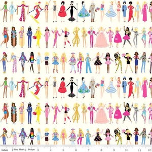 May include: A repeating pattern of various dolls in different outfits, including dresses, swimwear, and uniforms, against a cream background. The dolls are in various poses, with a ruler at the bottom showing inches.