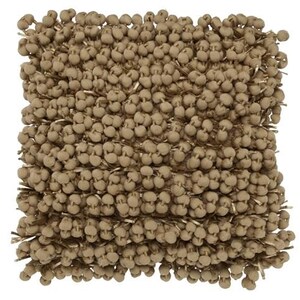 May include: A square throw pillow with a beige, textured fabric. The fabric is made of small, round pom-poms that are densely packed together.