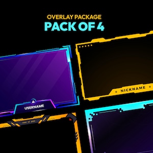 Peut inclure: Un ensemble de quatre packs d'overlays pour le streaming, sur fond noir. Chaque overlay présente un cadre rectangulaire avec un dégradé de couleurs bleu, violet et jaune. Le texte "OVERLAY PACKAGE" et "PACK OF 4" est affiché en haut.