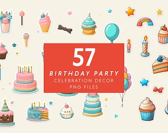 Birthday Celebration Decor Set 1 – PNG Printable Sticker Pack for Kids & Pets DIY Crafts Birthday Card Invitation Fun Party Wall Decoration